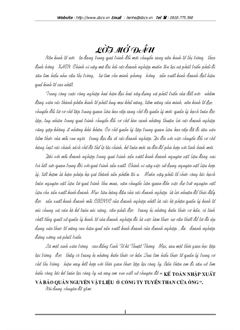 Kế toán nhập xuất và bảo quản nguyên vật liệu ở công ty tuyển than cửa ông