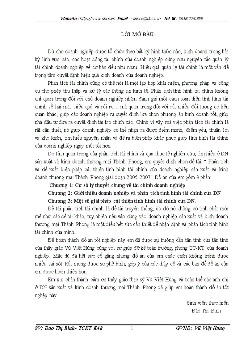 Phân tích và đề xuất biện pháp cải thiện tình hình tài chính của doanh nghiệp sản xuất và kinh doanh thương mại Thành Phong giai đoạn 2005 2007
