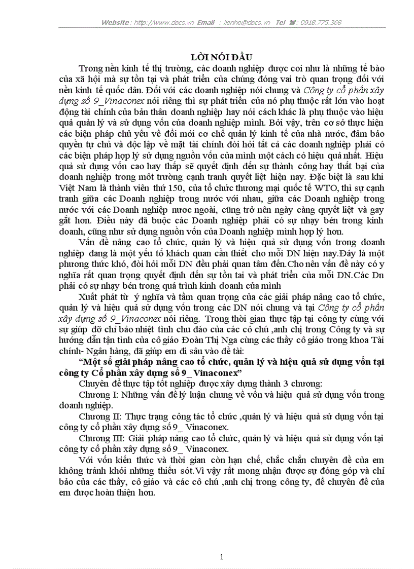 Một số giải pháp nâng cao tổ chức quản lý và hiệu quả sử dụng vốn tại công ty Cổ phần xây dựng số 9 Vinaconex