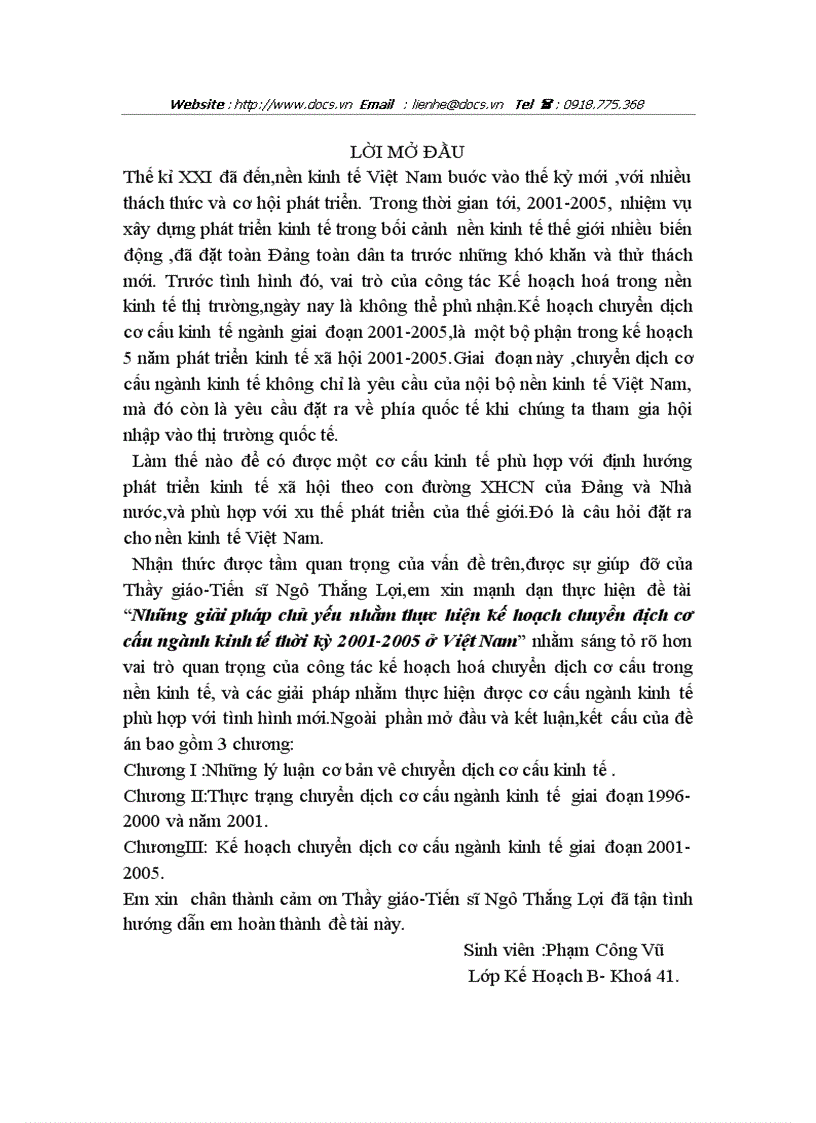 Những giải pháp chủ yếu nhằm thực hiện kế hoạch chuyển dịch cơ cấu ngành kinh tế thời kỳ 2001 2005 ở Việt Nam