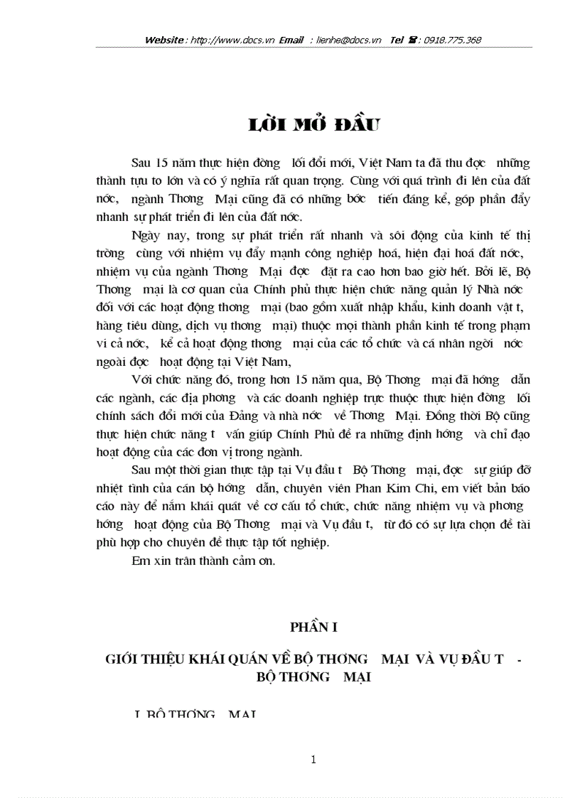 Báo cáo Tại Bộ Thương mại Vụ đầu tư Bộ Thương mại