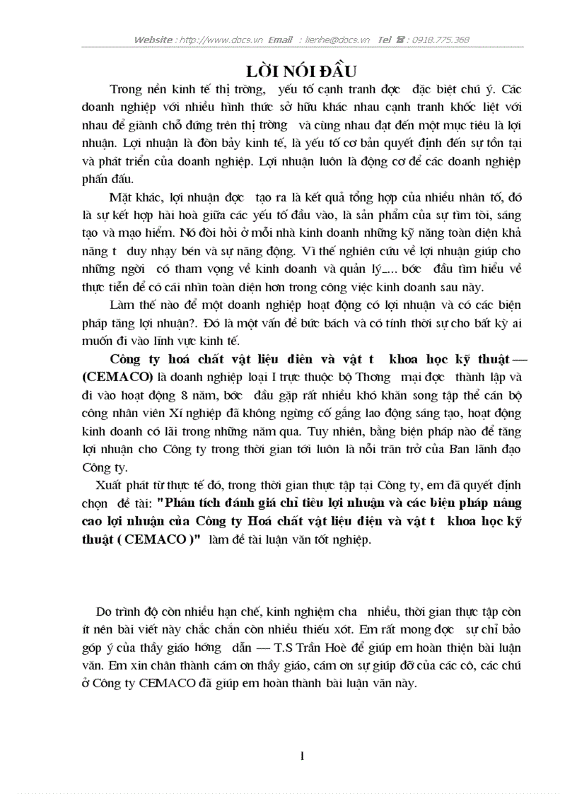 Phân tích đánh giá chỉ tiêu lợi nhuận và các biện pháp nâng cao lợi nhuận của Công ty Hoá chất vật liệu điện và vật tư khoa học kỹ thuật CEMACO