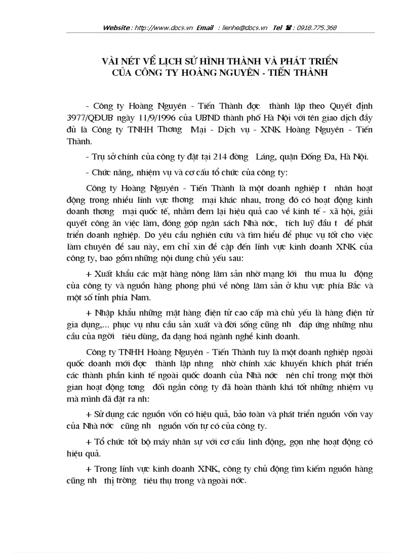 Lịch sử hình thành phát triển tình hình kinh doanh phương hướng giải pháp của công ty Hoàng Nguyên Tiến Thành