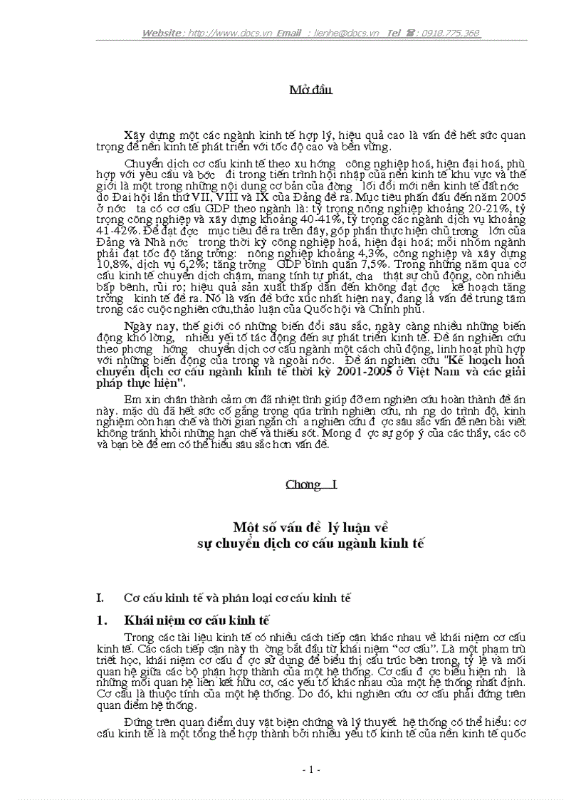 Kế hoạch hoá chuyển dịch cơ cấu ngành kinh tế thời kỳ 2001 2005 ở Việt Nam và các giải pháp thực hiện