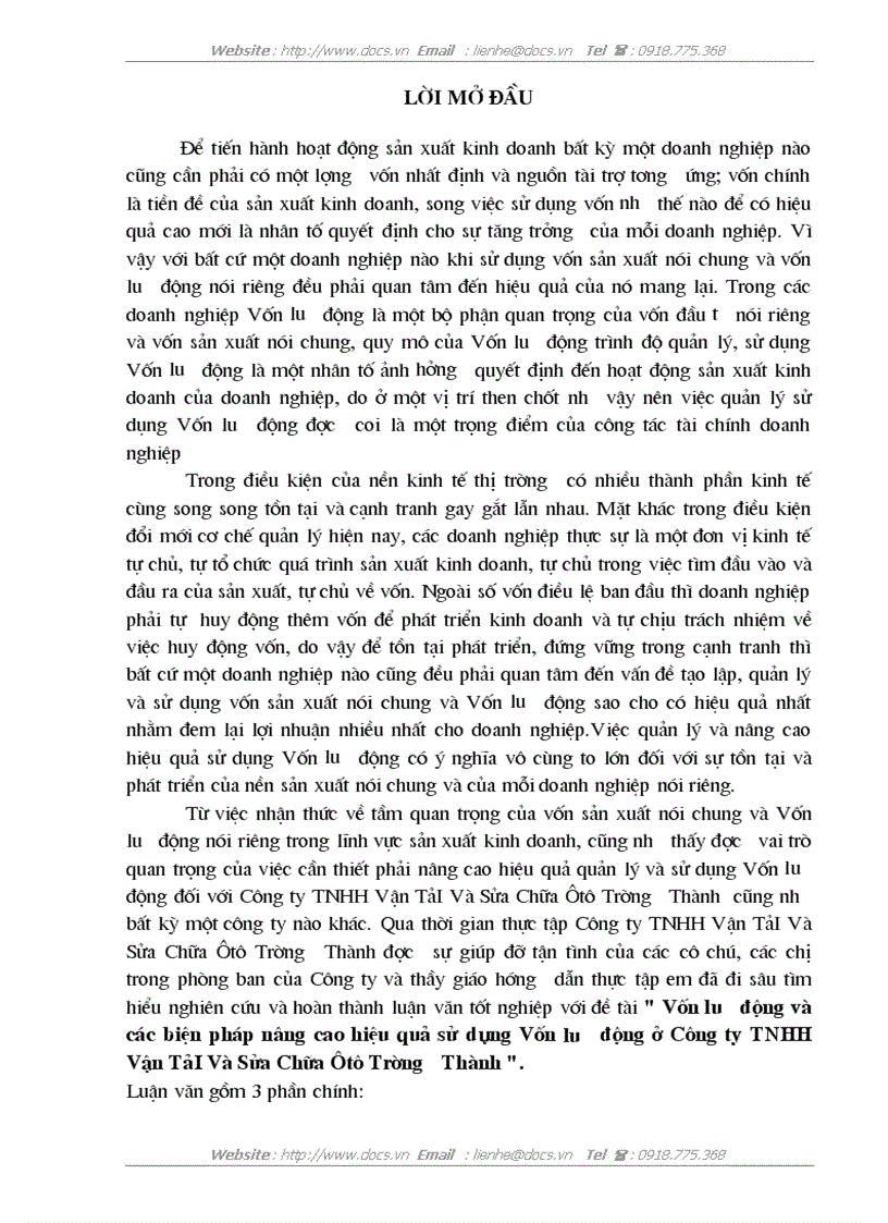 Vốn lưu động và các biện pháp nâng cao hiệu quả sử dụng Vốn lưu động ở Công ty TNHH Vận TảI Và Sửa Chữa Ôtô Trường Thành