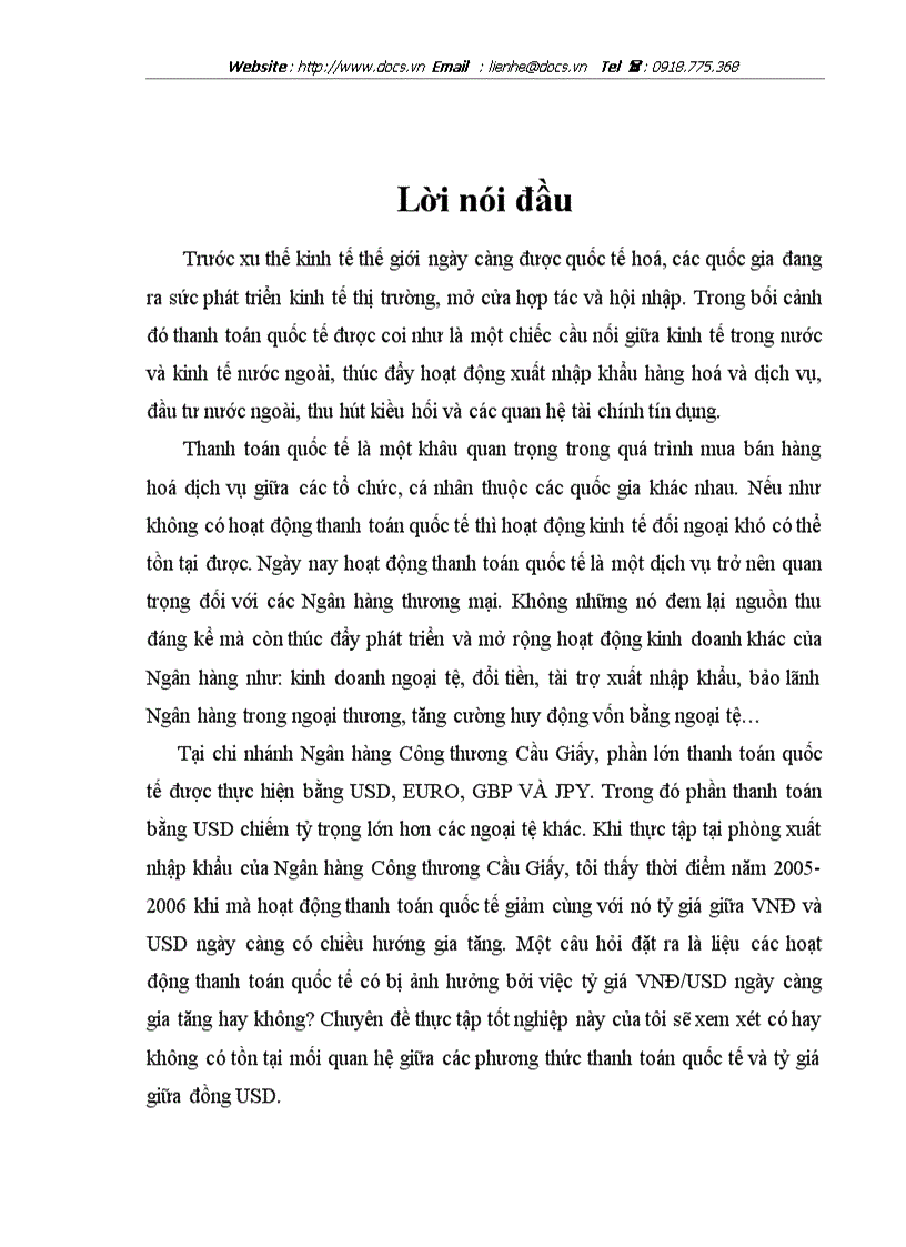 Thực trạng và 1 số giải pháp kiến nghị nhằm phát triển nghiệp vụ thanh toán quốc tế tại ngânhàng NHTMCP Công Thương VietinBank Chi nhánh Cầu Giấy