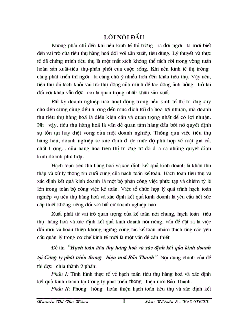 Phương hướng hoàn thiện hạch toán tiêu thụ hàng hoá và xác định kết quả kinh doanh ở công ty phát triển thương hiệu mới Bảo thanh