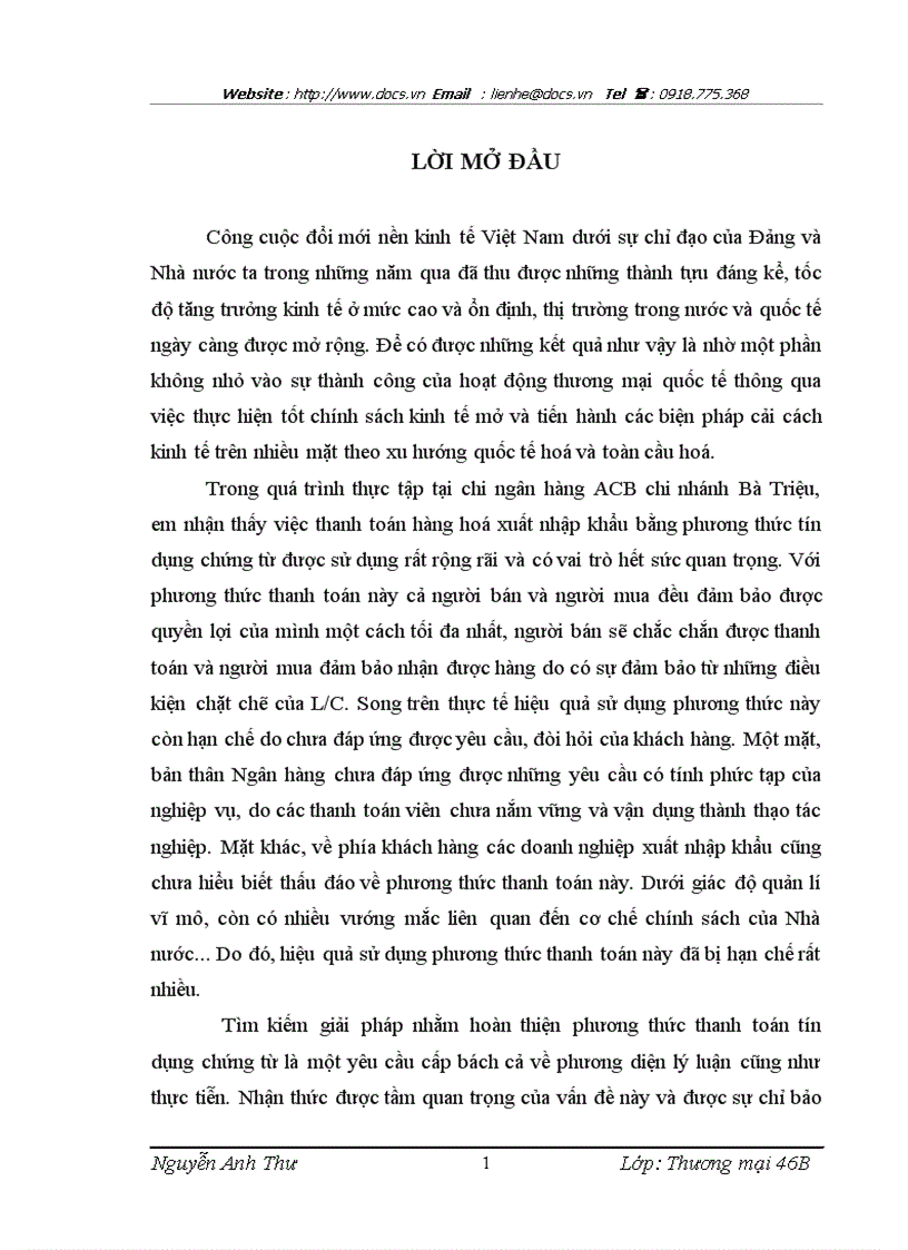 Một số giải pháp nhằm hoàn thiện phương thức thanh toán tín dụng chứng từ tại chi nhánh ngân hàng ACB