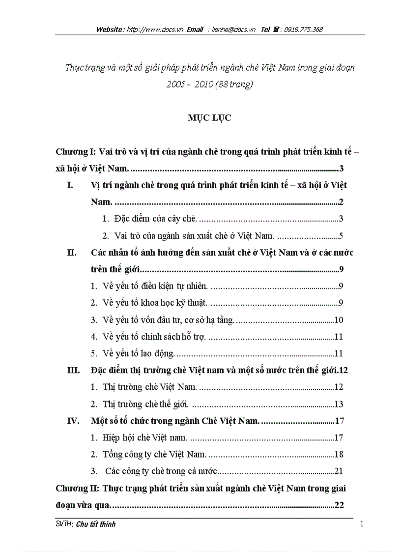 Thực trạng và một số giải pháp phát triển ngành chè Việt Nam trong giai đoạn 2005 2010 88 trang