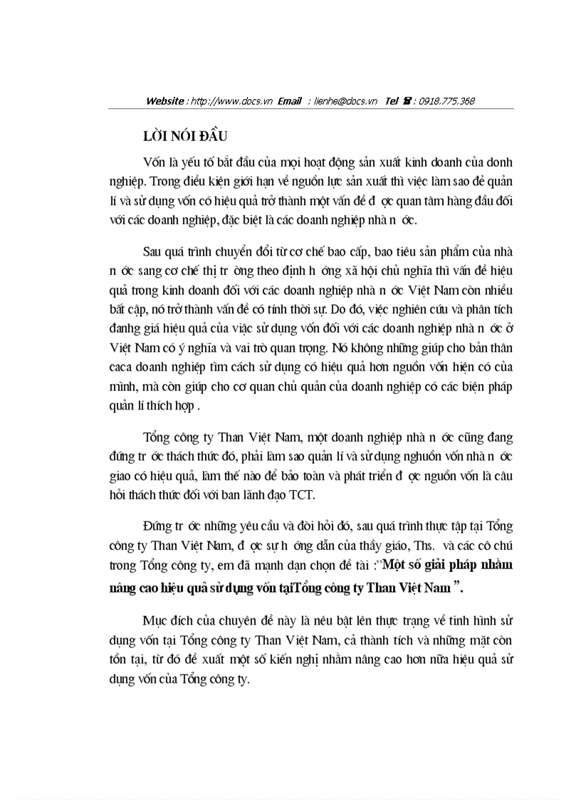 1số giải pháp nhằm nâng cao hiệu quả sử dụng vốn tạiTổng Công ty Than Việt Nam