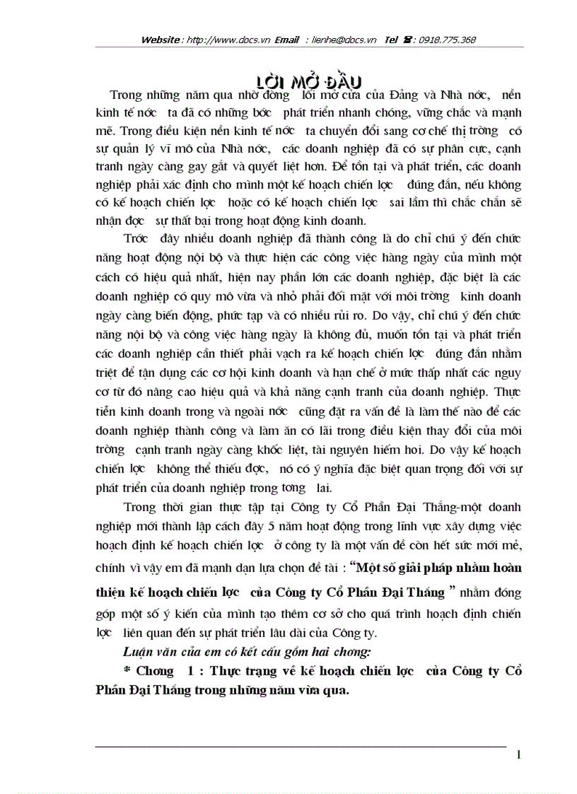 Một số giải pháp nhằm hoàn thiện kế hoạch chiến lược của Công ty Cổ Phần Đại Thắng