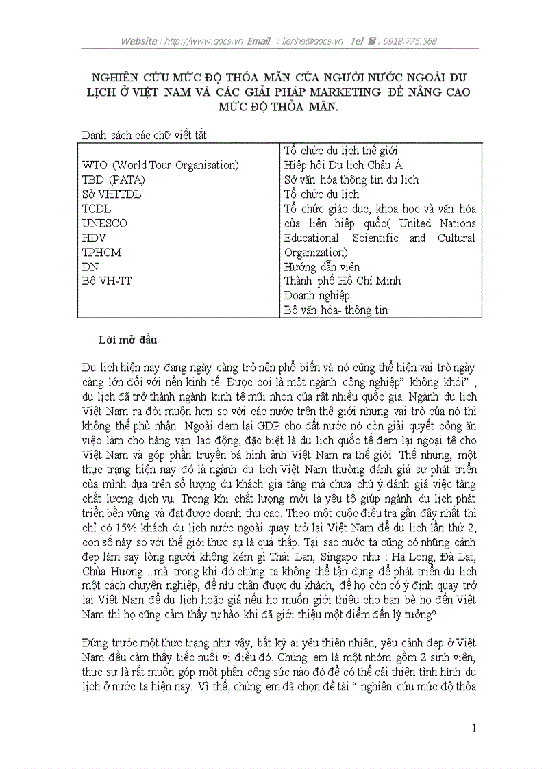 Nghiên cứu mức độ thỏa mãn của người nước ngoài du lịch ở việt nam và các giải pháp marketing để nâng cao mức độ thỏa mãn