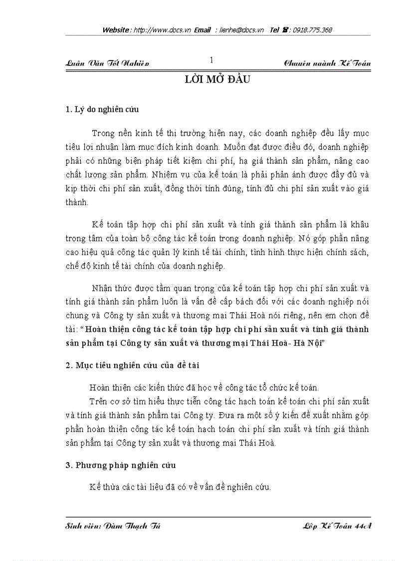 Hoàn thiện công tác kế toán tập hợp chi phí sản xuất và tính giá thành sản phẩm tại Công ty sản xuất và thương mại Thái Hoà Hà Nội