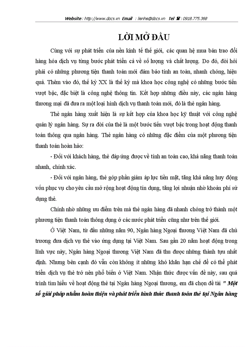 Một số giải phỏp nhằm hoàn thiện và phỏt triển hỡnh thức thanh toỏn thẻ tại Ngõn hàng TMCP Ngoại Thương Việt Nam Chi nhánh Thăng Long