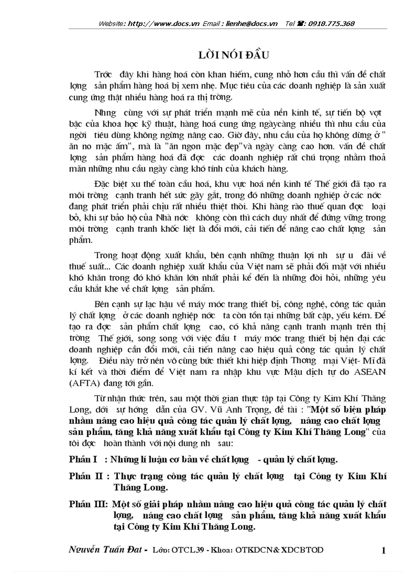 Một số biện pháp nhằm nâng cao hiệu quả công tác quản lý chất lượng nâng cao chất lượng sản phẩm tăng khả năng xuất khẩu tại Công ty Kim Khí Thăng L