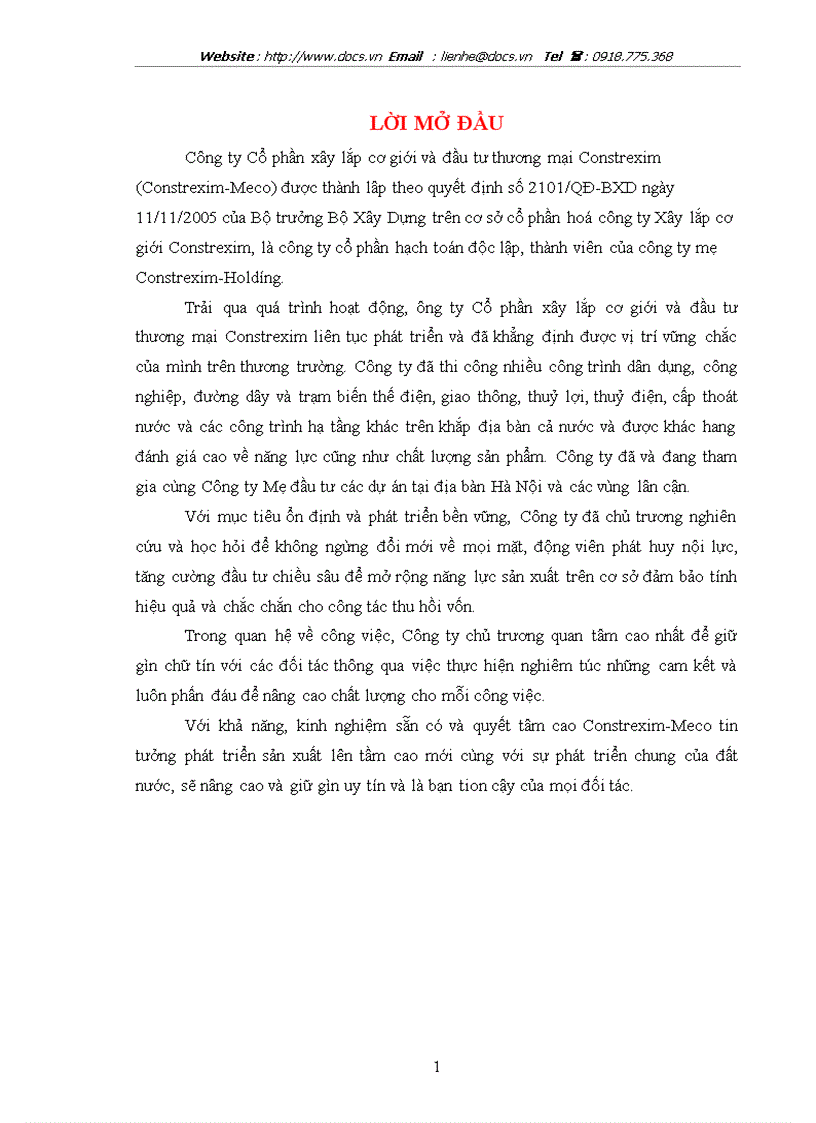 Thực trạng hoạt động sản xuất kinh doanh của công ty Cổ phần xây lắp cơ giới và đầu tư thương mại Constrexim