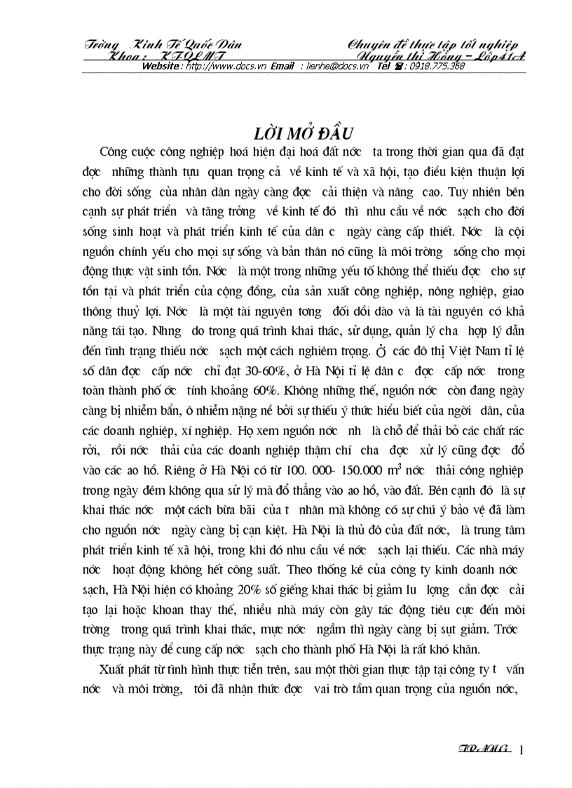 Bước đầu nghiên cứu về tính hiệu quả của dự án cấp nước sạch cho thành phố Hà Nội từ nguồn nước sông đà