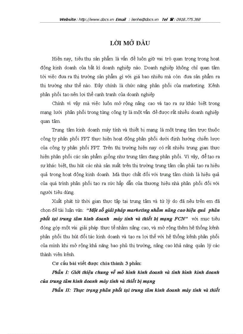Một số giải pháp marketing nhằm nâng cao hiệu quả phân phối tại trung tâm kinh doanh máy tính và thiết bị mạng FCN