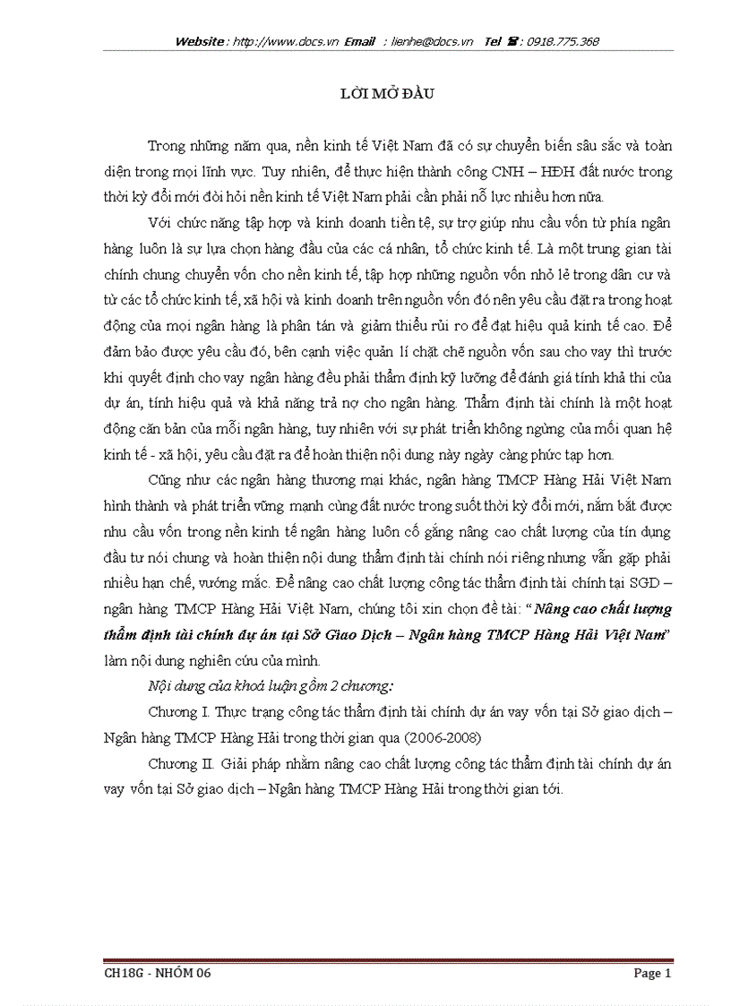 Nâng cao chất lượng thẩm định tài chính dự án tại Sở Giao dịch ngânhàng NHTMCP Hàng Hải Việt Nam cao học