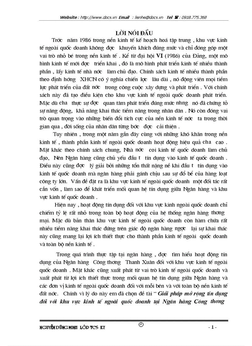 Giải pháp mở rộng tín dụng đối với khu vực kinh tế ngoài quốc doanh tại ngânhàng NHTMCP Công Thương VietinBank Thanh Xuân