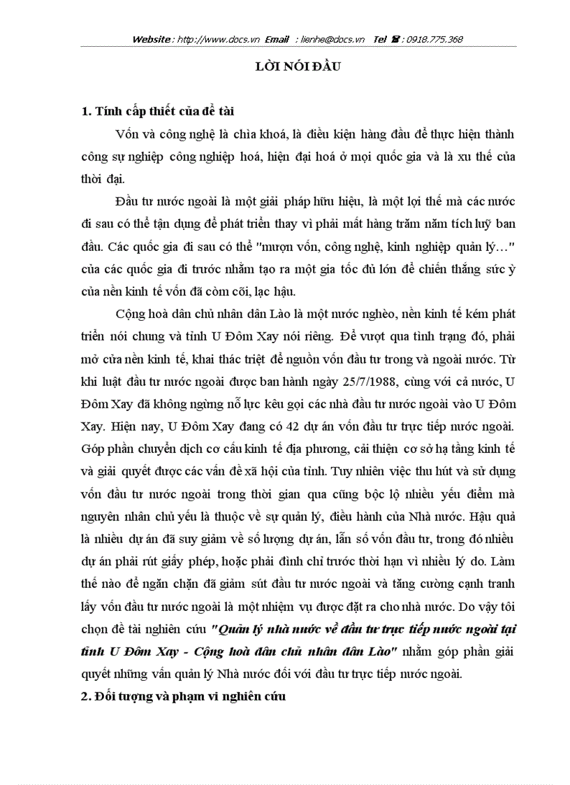 Quản lý nhà nước về đầu tư trực tiếp nước ngoài tại tỉnh U Đôm Xay Cộng hoà dân chủ nhân dân Lào