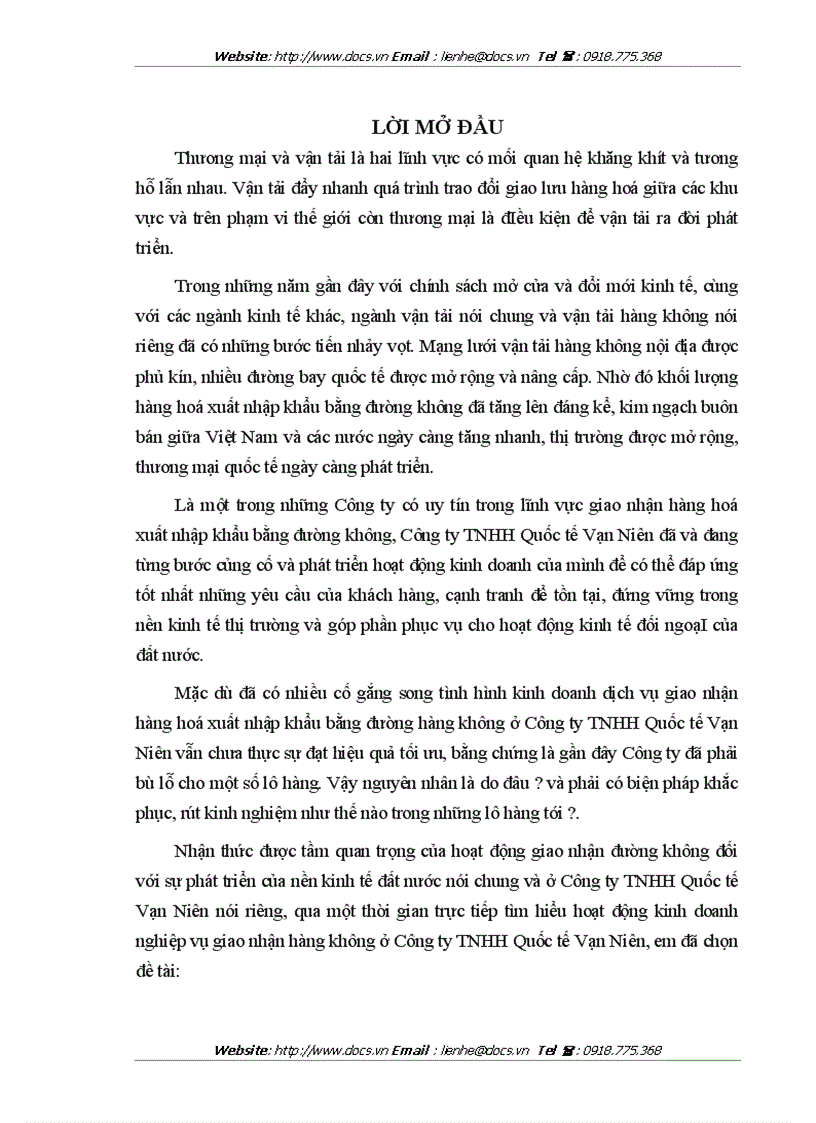 Một số giải pháp nhằm đẩy mạnh nghiệp vụ giao nhận vận chuyển hàng hoá xuất nhập khẩu bằng đường hàng không ở công ty tnhh quốc tế vạn niên
