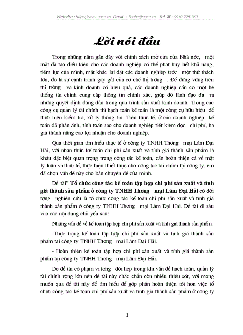 Tổ chức công tác kế toán tập hợp chi phí sản xuất và tính giá thành sản phẩm ở công ty TNHH Thương mại Lâm Đại Hải