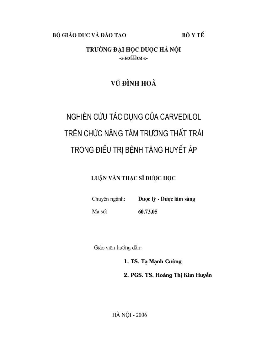 Nghiên cứu tác dụng của carvedilol trên Chức năng tâm trương thất trái trong điều trị Bệnh tăng huyết áp