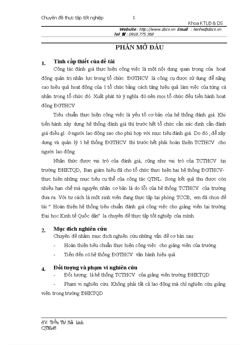 Hoàn thiện hệ thống tiêu chuẩn đánh giá công việc cho giảng viên tại trường Đại học Kinh tế Quốc dân