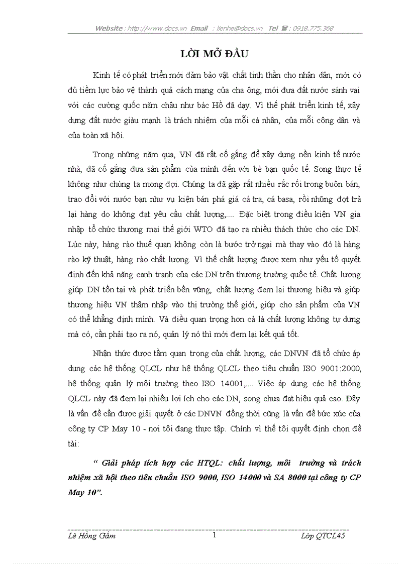 Giải pháp tích hợp các HTQL chất lượng môi trường và trách nhiệm xã hội theo tiêu chuẩn ISO 9000 ISO 14000 và SA 8000 tại công ty CP May 10