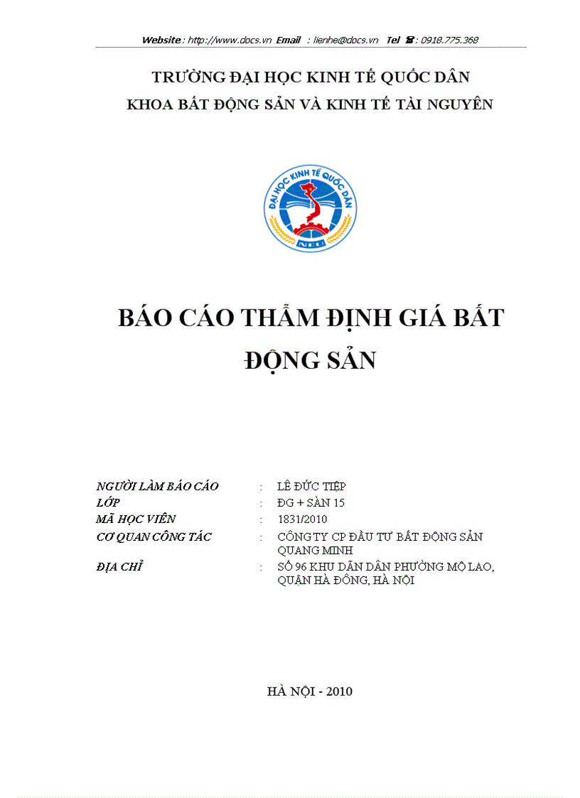 Báo cáo thực tập thẩm định giá bất động sản lt Báo cáo bất động sản gt