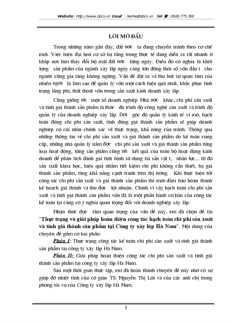 Thực trạng và giải pháp hoàn thiện công tác hạch toán chi phí sản xuất và tính giá thành sản phẩm tại Công ty xây lắp Hà Nam