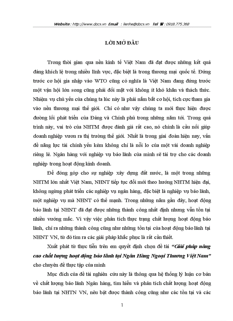 Giải pháp nâng cao chất lượng hoạt động bảo lãnh tại Ngân Hàng Ngoại Thương Việt Nam