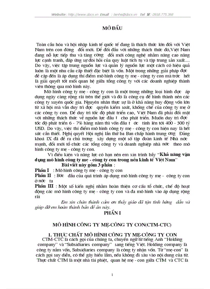 Khả năng vận dụng mô hình công ty mẹ công ty con trong nền kinh tế Việt Nam