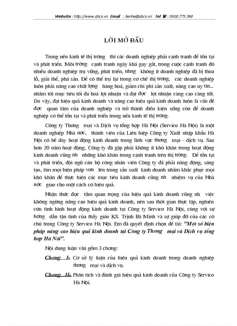 Một số biện pháp nâng cao hiệu quả kinh doanh tại Công ty Thương mại và Dịch vụ tổng hợp Hà Nội