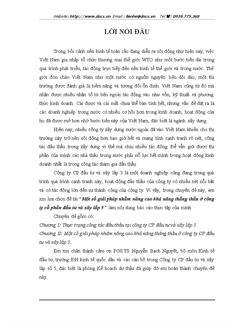1số giải pháp nhằm nâng cao khả năng thắng thầu ở Công ty CP đầu tư và xây lắp 5