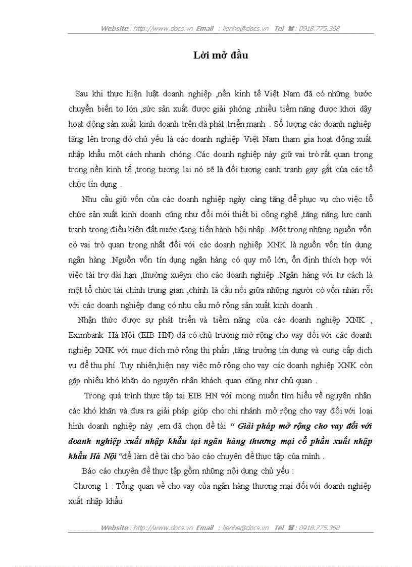 Giải pháp mở rộng cho vay đối với doanh nghiệp xuất nhập khẩu tại ngân hàng thương mại cổ phần xuất nhập khẩu Hà Nội
