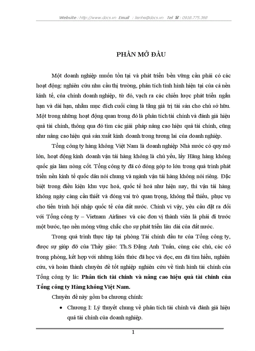 Phân tích tài chính và nâng cao hiệu quả tài chính của Tổng công ty Hàng không Việt Nam