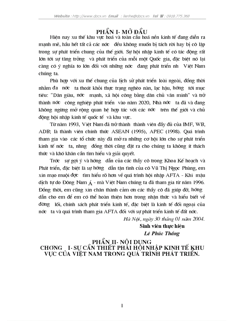 Hội nhập afta với quá trình phát triển kinh tế việt nam