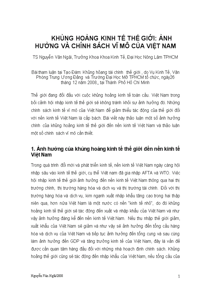 Khủng hoảng kinh tế thế giới ảnh hưởng và chính sách vĩ mô của việt nam