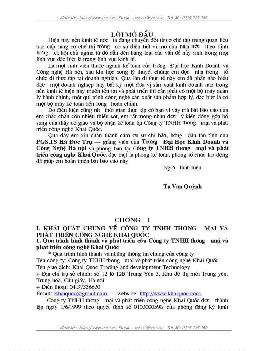 Báo cáo thực tập tại Công ty TNHH thương mại và phát triển công nghệ Khai Quốc