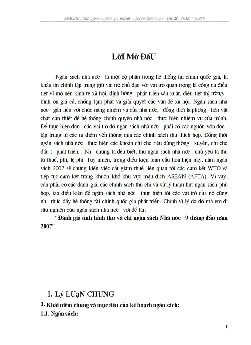 Đánh giá tình hình thu và chi ngân sách Nhà nước 9 tháng đầu năm 2007