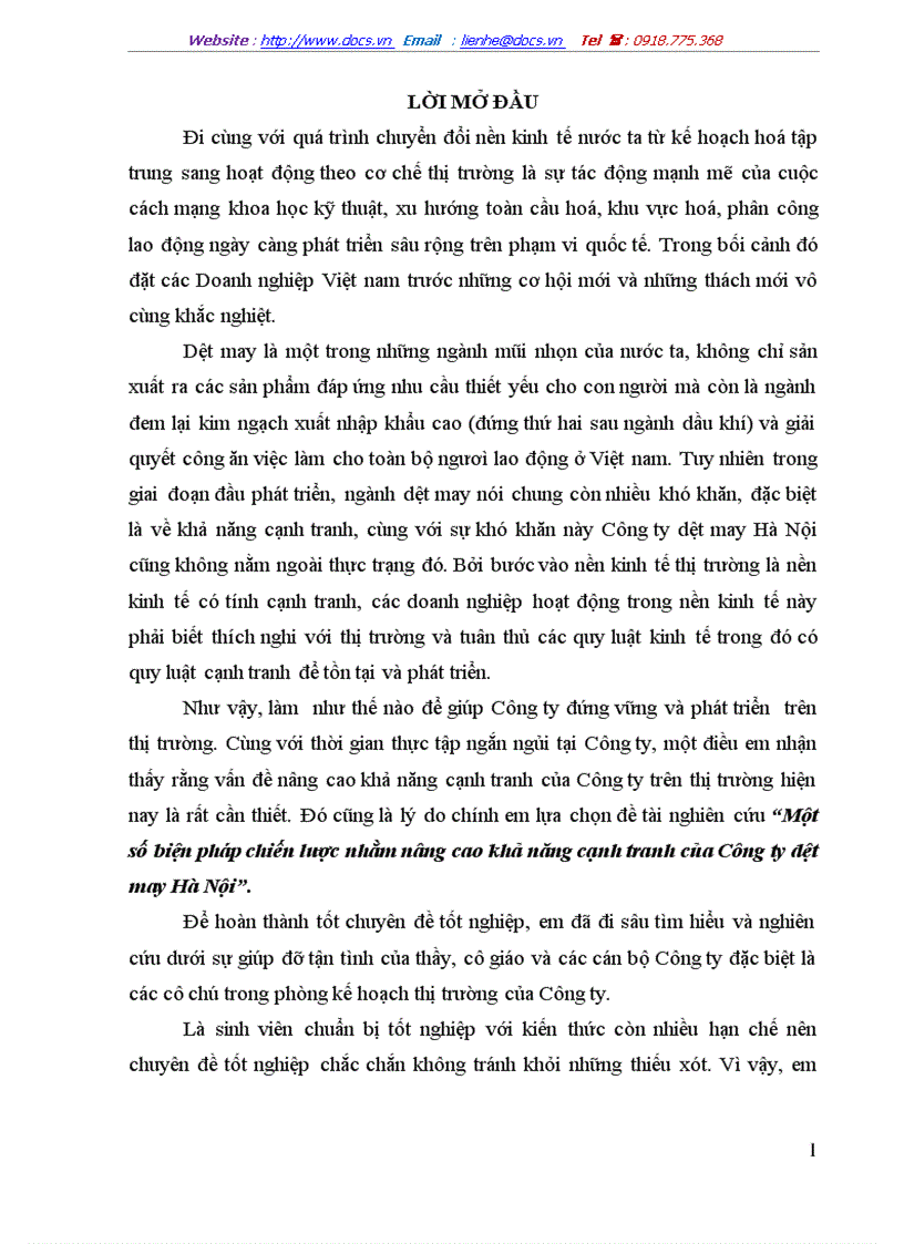 Một số biện pháp chiến lược nhằm nâng cao khả năng cạnh tranh của Công ty dệt may Hà Nội