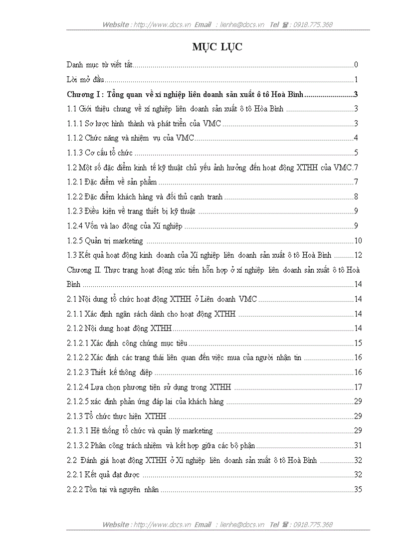 Đẩy mạnh hoạt động xúc tiến hỗn hợp ở Xí nghiệp liên doanh sản xuất ô tô Hoà Bình