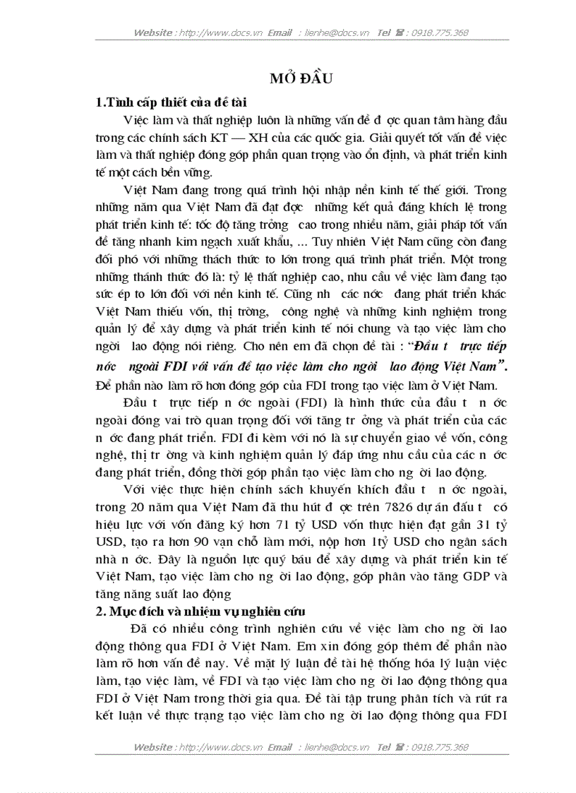 Đầu tư trực tiếp nước ngoài FDI với vấn đề tạo việc làm cho người lao động Việt Nam