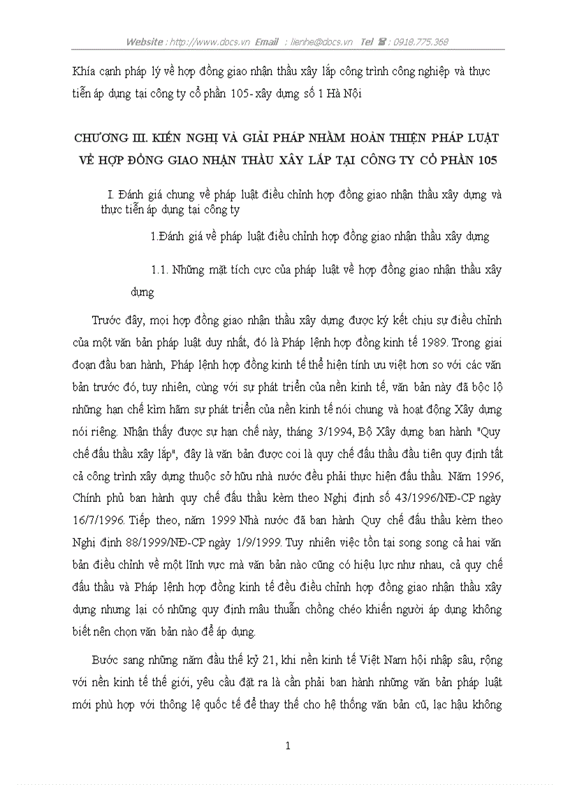 Khía cạnh pháp lý về hợp đồng giao nhận thầu xây lắp công trình công nghiệp và thực tiễn áp dụng tại công ty cổ phần 105 xây dựng số 1 Hà Nội