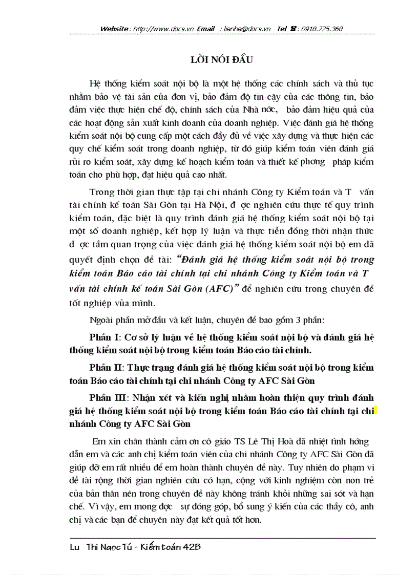 Đánh giá hệ thống kiểm soát nội bộ trong kiểm toán báo cáo tài chính tại chi nhánh Công ty Kiểm toán và Tư vấn tài chính kế toán Sài Gòn AFC
