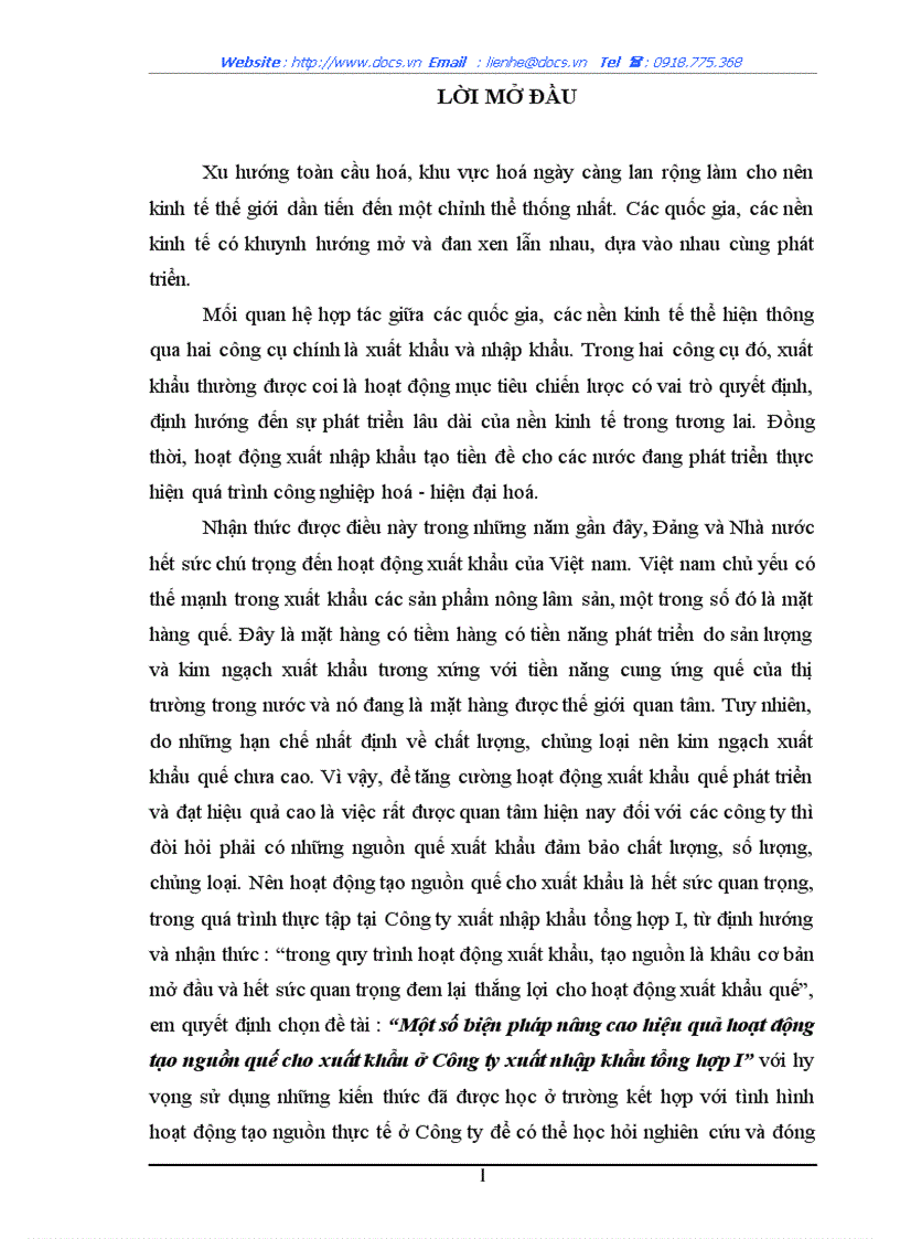 Một số biện pháp nâng cao hiệu quả hoạt động tạo nguồn quế cho xuất khẩu ở Công ty xuất nhập khẩu tổng hợp I