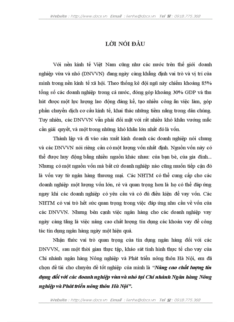 Nâng cao chất lượng tín dụng đối với các doanh nghiệp vừa và nhỏ tại Chi nhánh Ngân hàng Nông nghiệp và Phát triển nông thôn Hà Nộ
