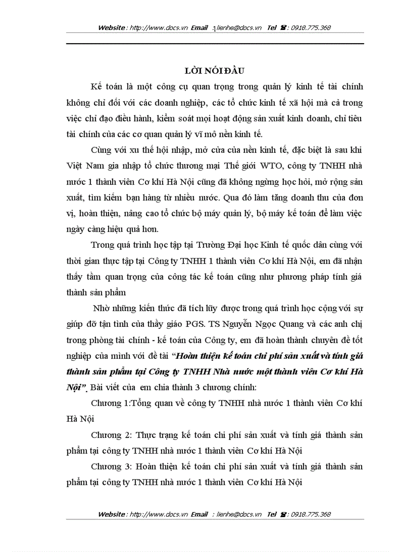 Hoàn thiện kế toán chi phí sản xuất và tính giá thành sản phẩm tại Công ty TNHH Nhà nước 1 thành viên Cơ khí Hà Nội
